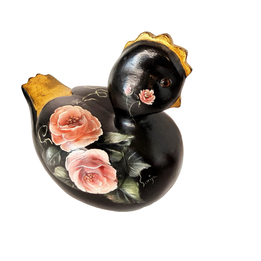 Vtg Hand Painted Chicken Tole Folk Art Wooden Wood Figure Figurine Black Artisan